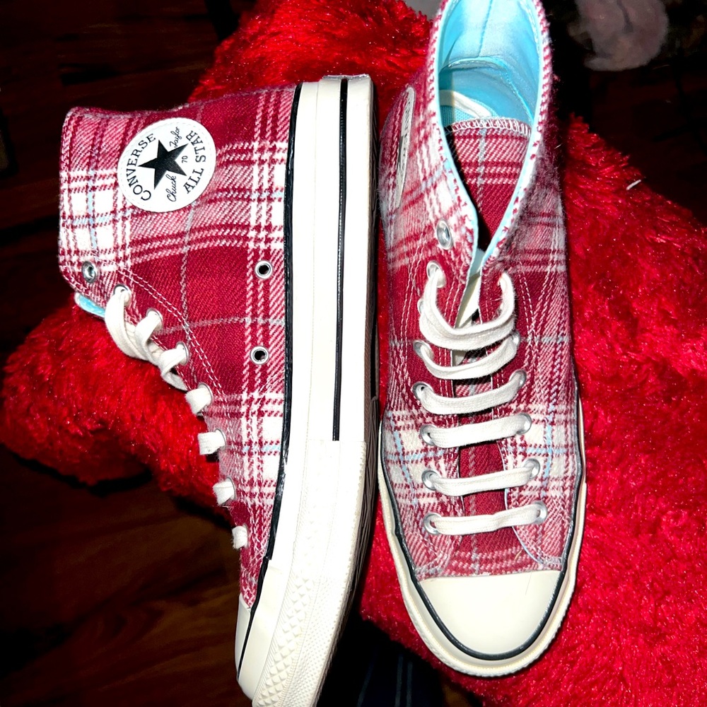 Maroon and off white plaid Chuck Taylors